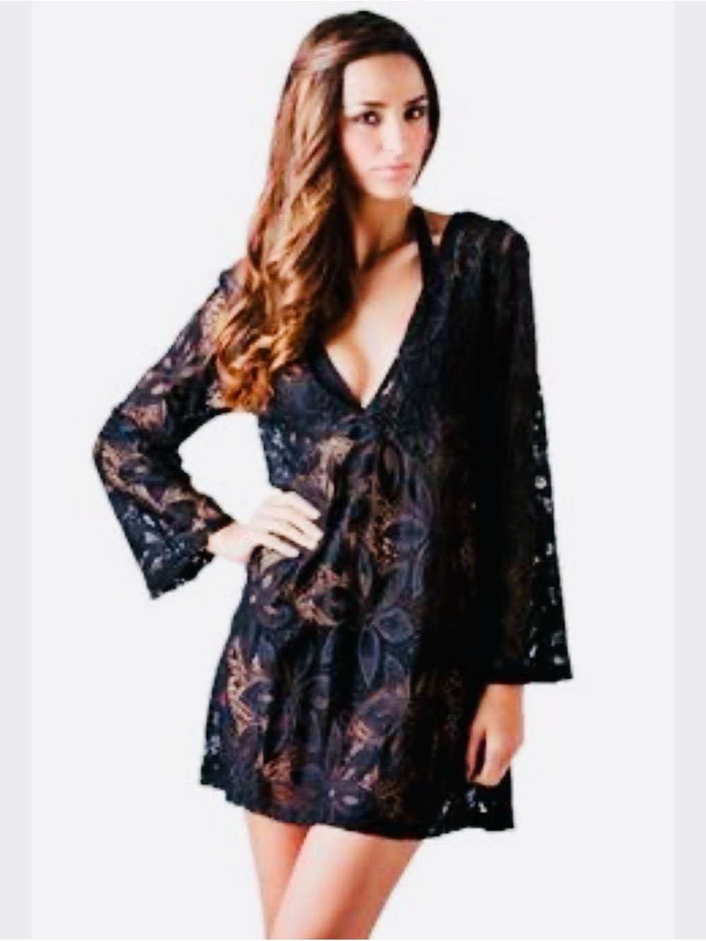 Swimwear Black Lace V-Neck Cover-Up Tunic by